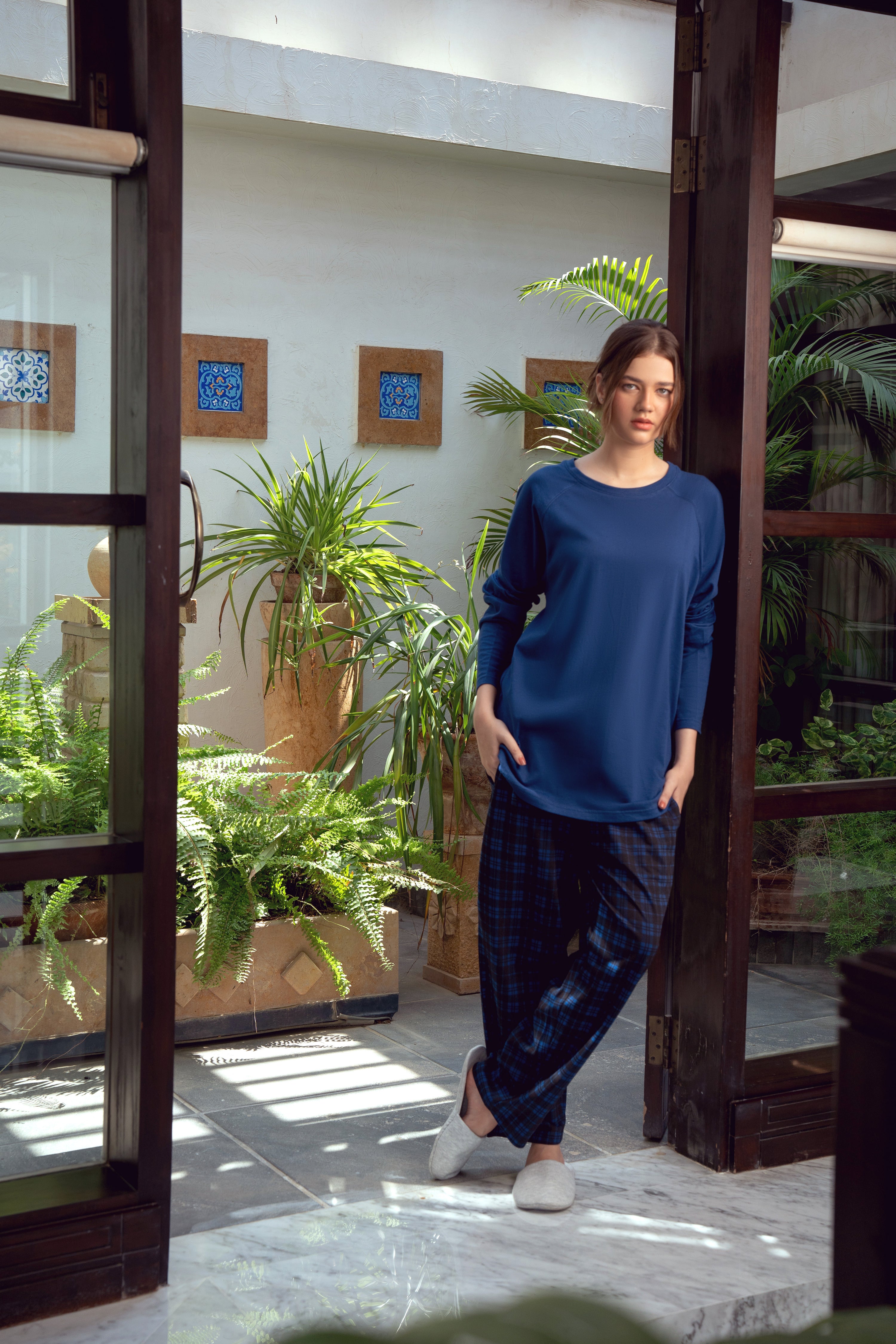 Women's Checked Nighwear - Evening Blue